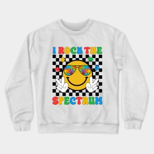 I Rock The Spectrum Groovy Hippie Smile Face Cool Autism Awareness Month Day Cute Women Men Boys Girls Kids Crewneck Sweatshirt